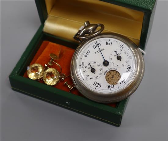 A pair of 9ct gold and citrine ear clips and a chrome cased pedometer.